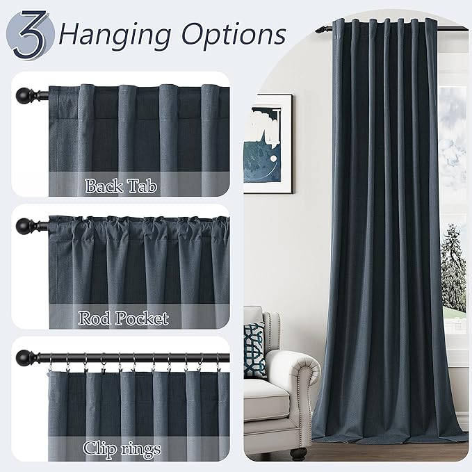Guken 100% Blackout Linen Curtains 120 Inch Length 2 Panels Set for Living Room Bedroom Back Tab Thermal Insulated Black Out Linen Drapes Room Darkening Window Curtains,Vintage Blue