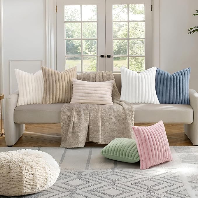 decorUhome Summer Cozy Faux Fur Throw Pillow Covers 18x18 Set of 2 Decorative Soft Plush Striped Modern Farmhouse Boho Couch Pillow Cases with Velvet Back for Sofa Bed Living Room, Pink