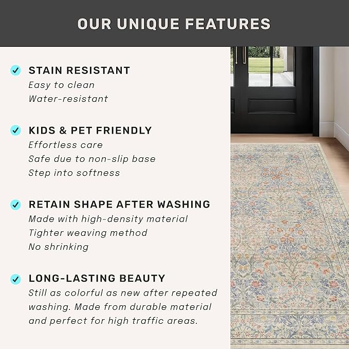 7x10 Washable Rug for Living Room - Stain Resistant Dining Room Rugs for Under Table, Soft Low Pile Large Carpet for Bedroom - Vintage Floral Non-Slip (Beige Blue)