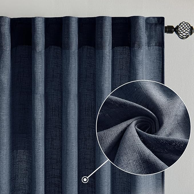 MIULEE Navy Blue Linen Curtains 96 Inch Length 2 Panels for Bedroom Living Room, Soft Thick Linen Textured Natural Window Drapes Semi Sheer Light Filtering Back Tab Rod Pocket Burlap Look Decor