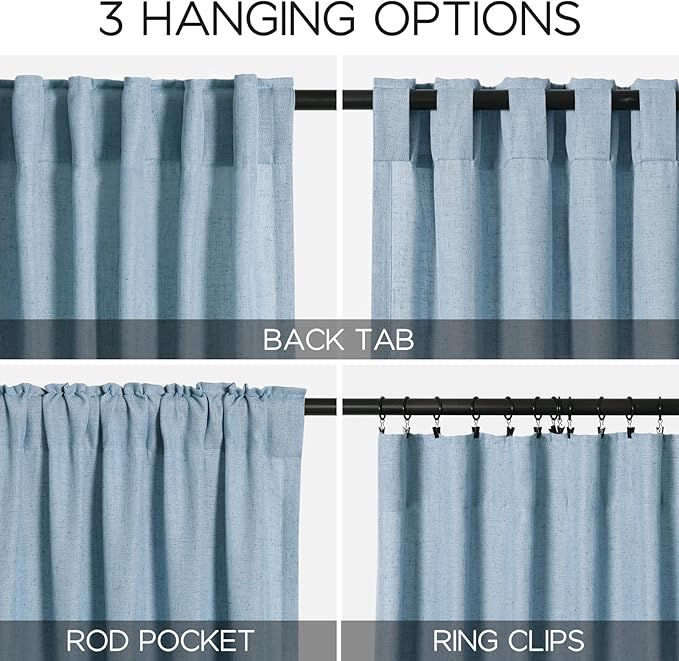 Linen Blue Curtains 120 inch Extra Long for Living Room Back Tab Light Filtering Semi Sheer Drapes Modern Farmhouse Coastal Decor Cotton Textured Curtain for Floor to Ceiling High Window 52x120