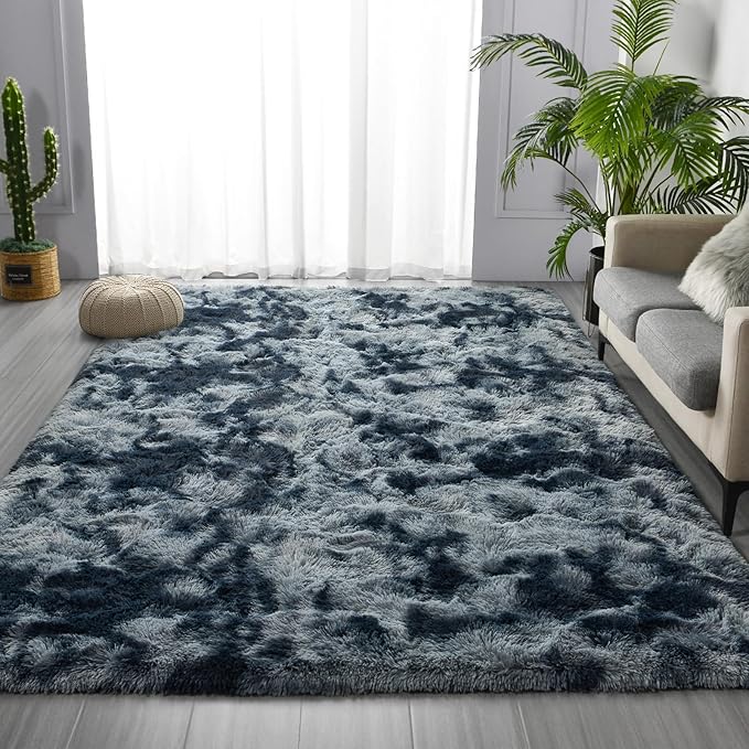Deerhoo Shag Area Rug, 4 X 6 Tie-Dyed Plush Fuzzy Rugs for Living Room, Ultra Soft Fluffy Furry Rug for Bedroom, Indoor Carpet Nursery Rugs for Kids Room Home Decor, Blue and Grey