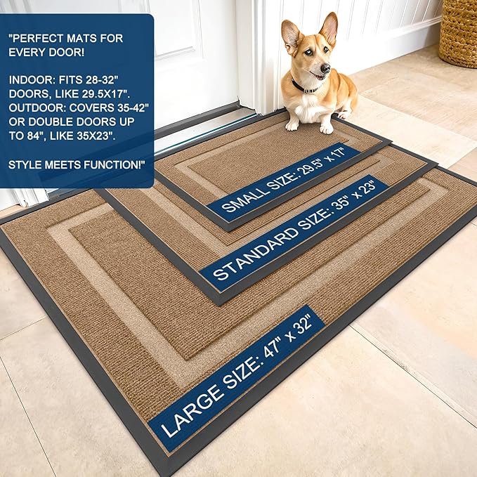 OLANLY Front Door Mat Indoor Outdoor Entrance, Waterproof All-Season, All-Weather Doormat, Sturdy Natural Rubber, Fade Resistant, Low Profile, Easy Clean Patio Porch Entryway Mat, 71x23, Light Borwn