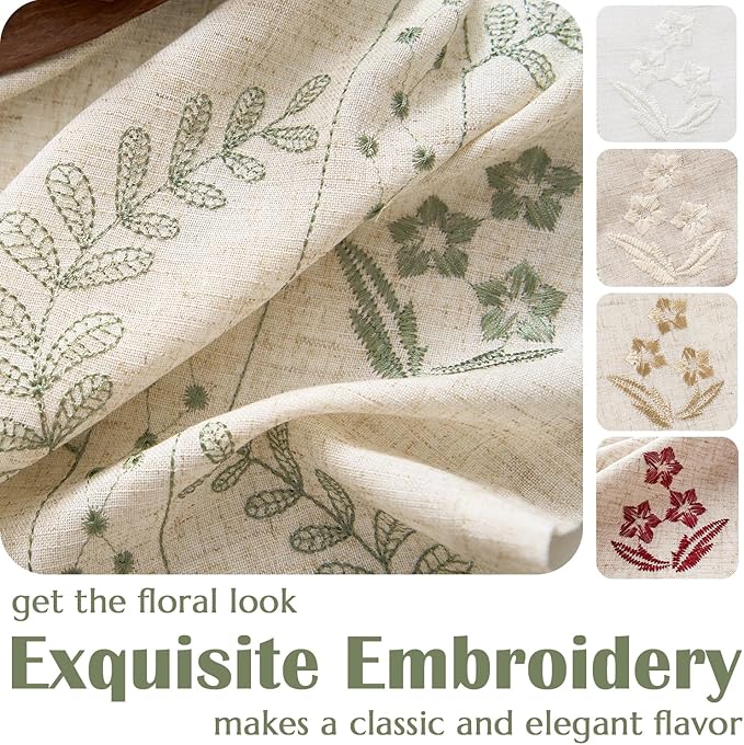 jinchan Belrose Linen Curtains for Bedroom Floral Curtains 90 Inch Length Linen Blend Sage Green Embroidered Drapes Farmhouse Flower Patterned Drapes for Living Room Window Treatments Set 2 Panels