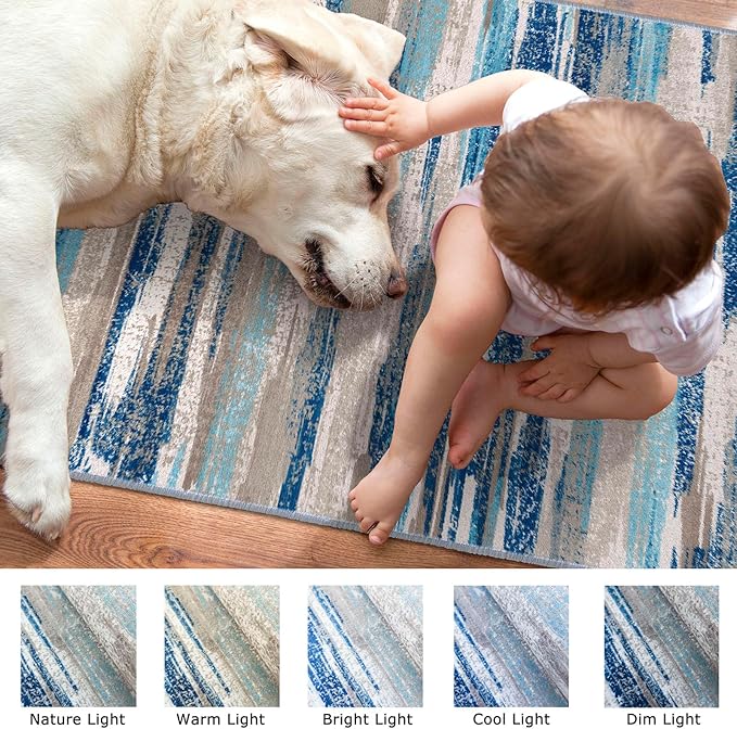 Lansny Modern Abstract Runner Rug 2x10, Blue Washable Long Kitchen Non-Slip Soft Hallway Thin Print Faux Wool Carpet for Entryway Bedroom Laundry Room Indoor Home Decor