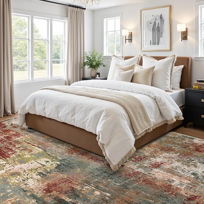 Washable Area Rugs 6'x8' Non-Slip Modern Abstract Soft for Living Room Entryway Bedroom Nursery, Print Pattern, Brown Rust Red Green Blue Multi