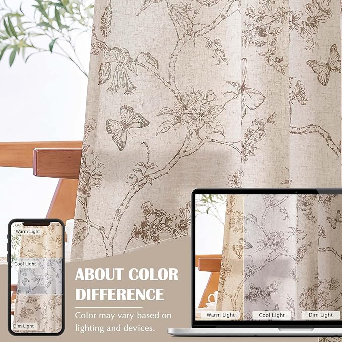 jinchan Floral Curtains Lined Linen Blend Curtain for Living Room 96 Inch Length Taupe Farmhouse Flower Patterned Curtain French Country Curtains Drapes Back Tab Rod Pocket 2 Panels