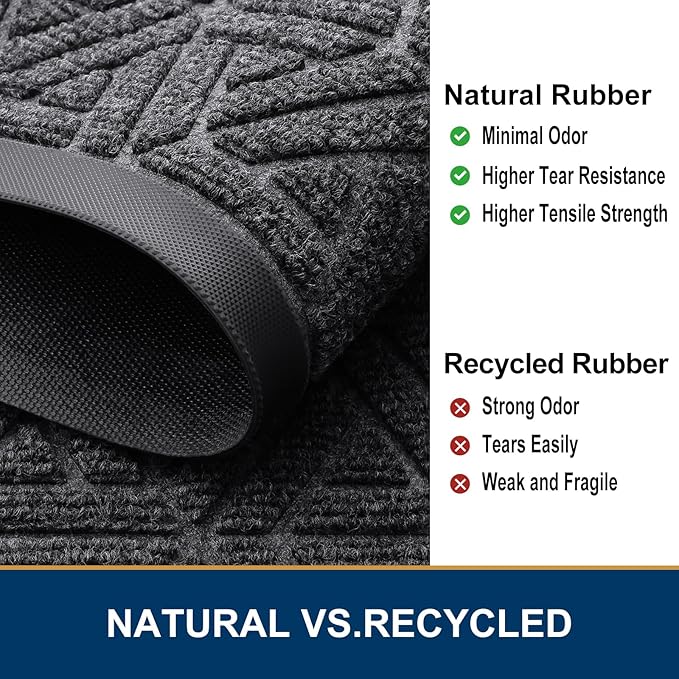 Smiry Front Door Mat Outside Entrance, Heavy Duty Sturdy Natural Rubber Doormat, Trap Dirt and Moisture, Easy Clean Low Profile Mats for Indoor Outdoor Entry, Grid Geometric (47x32, Grey)