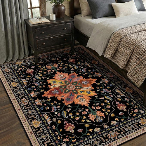 Area Rugs 5'x7' Washable Non-Slip, Floral Vintage Distress Print Pattern Medallion Carpet for Living Room Bedroom Dining Room, Black Colorful Floral Dark Tan