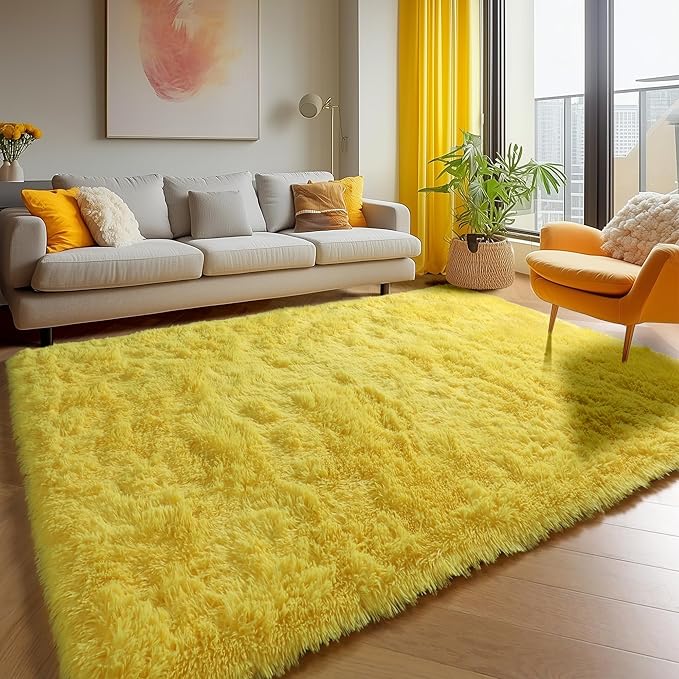 ONASAR Yellow Area Rugs for Bedroom Living Room, Fluffy 4x6 Indoor Bedside Floor Throw Rug, Soft Plush Shaggy Carpet for Nursery Kids Girls Boys Teen Dorm Home Office Decor Aesthetic