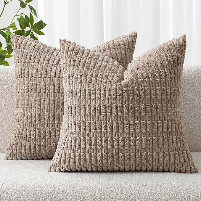 MIULEE Pack of 2 Corduroy Decorative Throw Pillow Covers 16x16 Inch Soft Boho Striped Pillow Covers Modern Farmhouse Home Decor for Sofa Living Room Couch Bed Light Brown