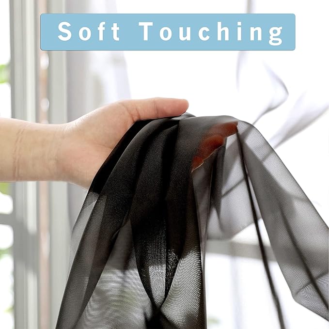 OWENIE Short Sheer Curtains 24 Inches Long 2 Panels for Bathroom Window, Rod Pocket Light Filtering Sheer Tier Curtains for Small Kitchen Laundry Room, RV, Camper Travel Trailers, 42 W x 24 L, Black