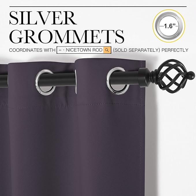 NICETOWN Bedroom Blackout Draperies Panels, 2 Panels, 42 x 72 Inch, Greyish Purple, Three Pass Microfiber Noise Reducing Thermal Insulated Solid Ring Top Window Curtains