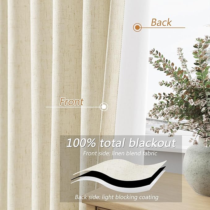 Guken 100% Blackout Curtains 96 Inch Length 2 Panels Set for Living Room Bedroom Back Tab Thermal Insulated Black Out Linen Drapes Room Darkening Window Curtains 96 Inches Long,Warm Beige