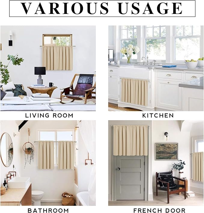 RYB HOME Short Curtains for Bedroom, Room Darkening Insulated Summer Heat Light UV Blocking Energy Saving Drapes for Nursery, Width 42 by Length 48, Biscotti Beige, Set of 2