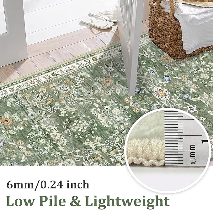 Yamaziot Washable Runner Rug 3x6 – Floral Non Slip Boho Hallway Runner Rug with Rubber Backing, Low Pile Faux Wool Distressed Carpet for Kitchen, Laundry, Bedroom, Entrance, Green