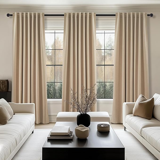 Topfinel Light Taupe Blackout Textured 90 Inch Long Linen Blend Curtain Draperies Pinch Pleat Back Tab with Hooks Energy Saving Thermal Insulated Curtains for Living Room (2 Panels,W 52 x L 90 Inch)