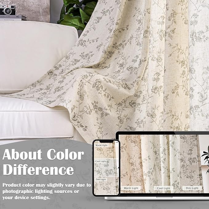Lazzzy Grey Floral Linen Curtains 84 Inch Length Farmhouse Curtain Back Tab Drapes for Living Room Bedroom Light Filtering Vintage Rod Pocket Curtains, 2 Panels, Gray on Beige