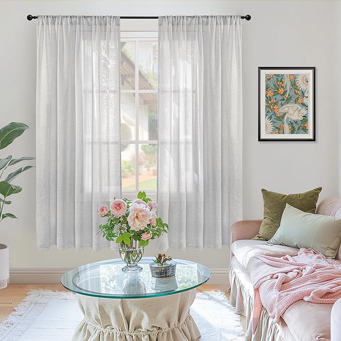 BGment Light Grey Linen Semi Sheer Curtains for Living Room - Rod Pocket Light Filtering Window Drapes Natural Textured for Bedroom Office Lightweight Rustic, 2 Panels Set, 52 X 63 Inch