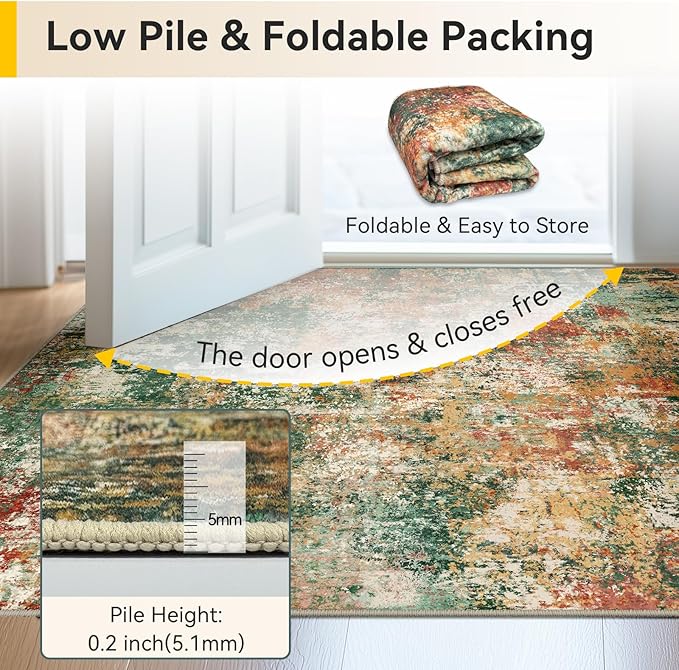 Washable Area Rugs 3'x5' Non-Slip Modern Abstract Soft for Living Room Entryway Bedroom Nursery, Print Pattern, Green Orange Rust Red Cream Colorful
