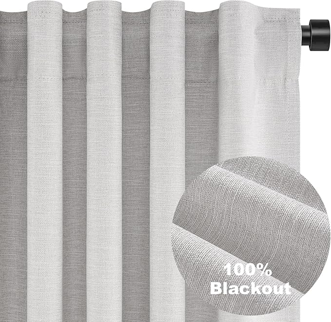 Extra Wide 72 Inches 90 Long 100% Blackout Curtains for Living Room Grey Linen Blend Pleated Farmhouse Drapes Back Tab Pleated Rod Pocket Ceiling Track Large Windows Burg (72" Wx90"L 1 Panel)