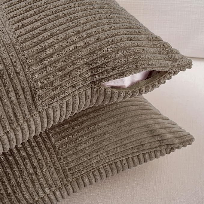 Fancy Homi Set of 2, Light Brown Patchwork Corduroy Decorative Soft Striped Modern Accent Cushion Case Farmhouse Boho Neutral Throw Pillow Covers for Chair Couch Bed Sofa Living Room 32x16 Inch