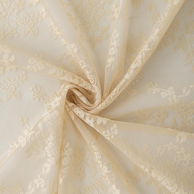 YJ YANJUN Vintage Lace Curtains 72 Inches Long-Victorian Flower Beige Voile Sheer Curtains for Dining Room Bathroom Bay Window Privacy Boho French Country Farmhouse Room Decor 2 Panels 52x72