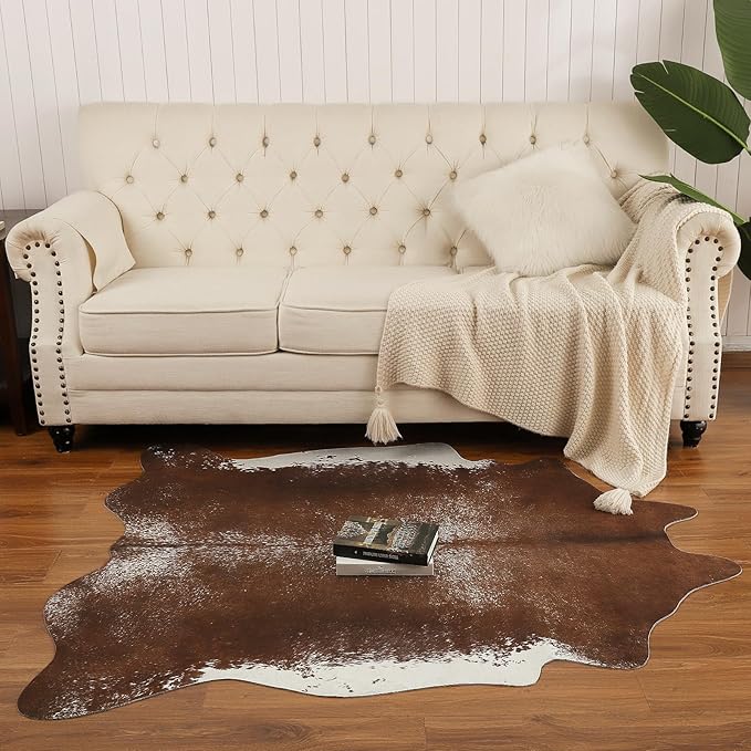 AROGAN Western Decor Faux Fur Cowhide Rug, Middle Size Premium Animal Skin Cow Hide Rug, Sturdy Cow Print Rugs for Wall Decor, Western Floor Carpet for Bedroom Living Room, Brown