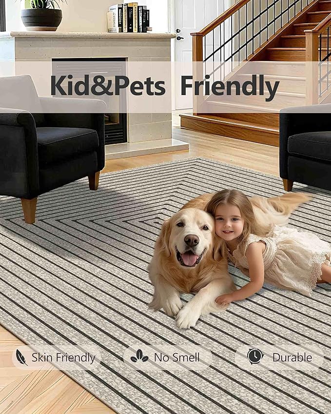 Latte&Fog 6x9 Area Rugs for Living Room Bedroom, Beige Modern Abstract Washable Rug, Boho Non Slip Low Pile Carpet for Indoor Dining Room, Office, Dorm, Classroom, Farmhouse and Kids Room - Beige