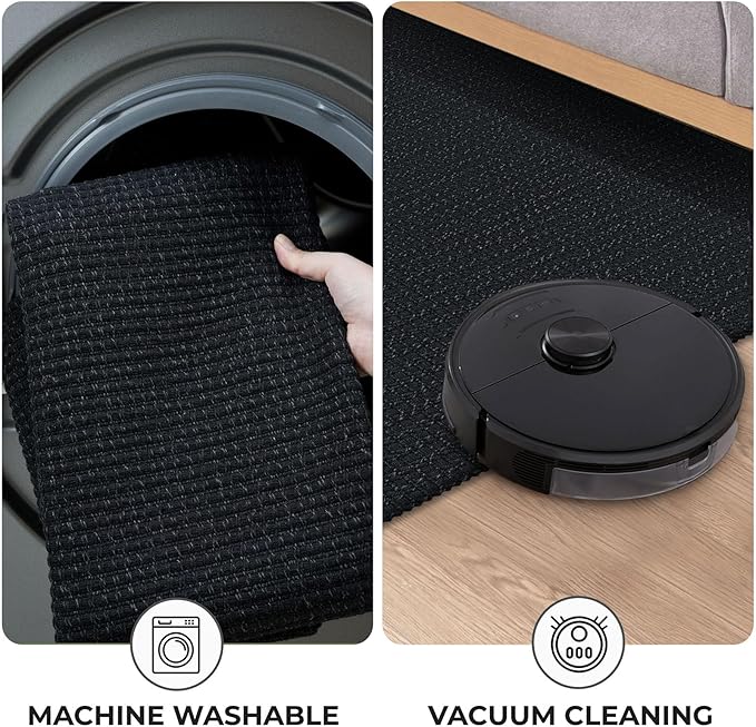 KOZYFLY Rugs for Entryway 3x5 ft Washable Area Rug Non Slip Rubber Backed Entry Rug Woven Indoor Door Mat Cotton Kitchen Rugs Floor Carpet for Entryway, Foyer, Backdoor, Black/Dark Grey