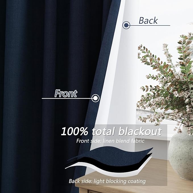Guken Navy Blue 100% Blackout Curtains 108 Inch Length 2 Panels Set for Living Room Bedroom Back Tab Thermal Insulated Black Out Linen Drapes Room Darkening Window Curtains 108 Inches Long