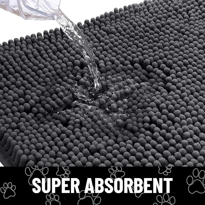 Smiry Dog Door Mat for Muddy Paws, Absorbent Dirt Trapper Non Slip Quick Dry Washable Chenille Mat for Mud Dogs, Entry Rug for Indoor and Outdoor (48x30 Inches, Dark Grey and White)