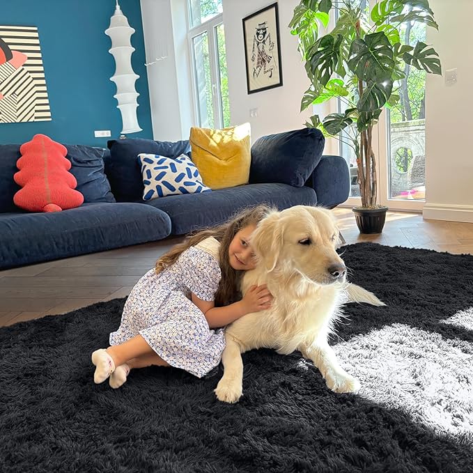 OLANLY 3x9 Machine Washable Runner Rugs for Hallway, Soft Fluffy Shaggy Bedside Rugs for Bedroom, Living Room, Indoor Floor Carpet for Kids Girls and Boys, Nursery Rooms, Home Decor Aesthetic, Black