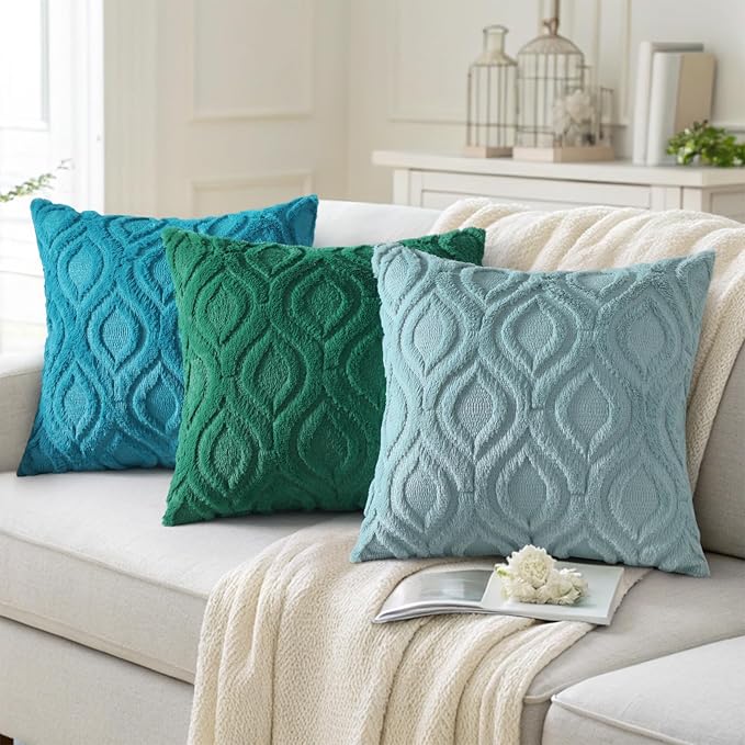 decorUhome Summer Throw Pillow Covers 22x22 Inch Set of 2, Soft Plush Faux Wool Aqua Solid Couch Pillow Covers, Accent Euro Sham Farmhouse Neutral Square Pillow Cases for Sofa Bed Living Room