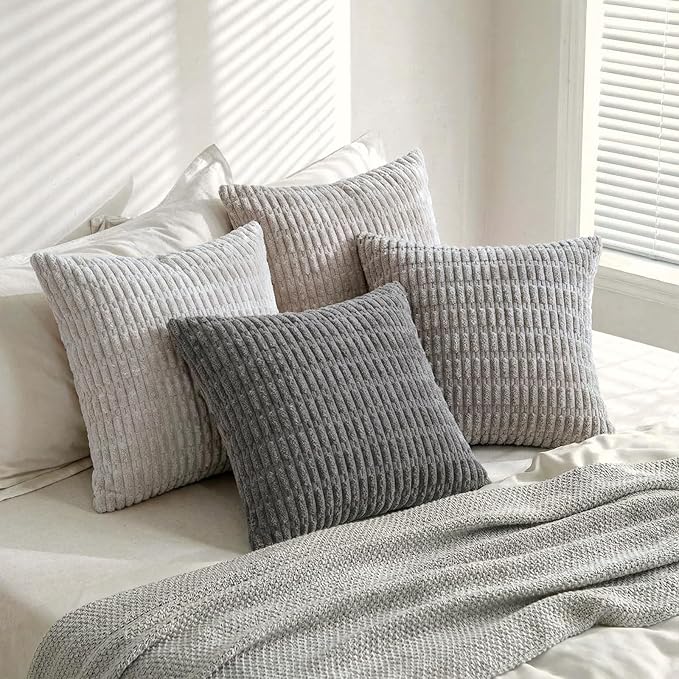 Fancy Homi Set of 4 Grey and White Decorative Throw Pillow Covers 20x20 Inch for Couch Bed Chair, Modern Farmhouse Boho Room Decor, Soft Fuzzy Double Sided Corduroy Textured Striped Cushion Case 50cm