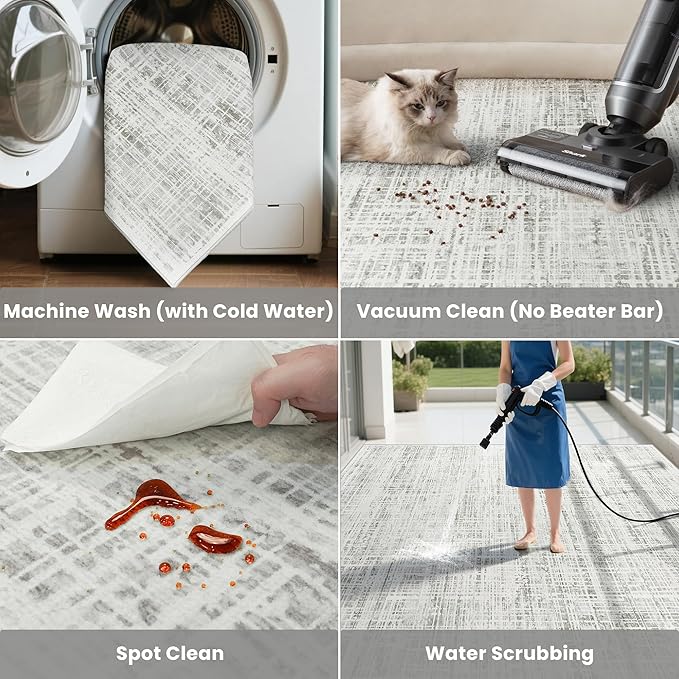 9x12 Area Rugs Washable Rug: Anti-Skid Abstract Modern Living Room Rug Soft Thin Carpets Indoor Floor Non-Shedding Carpet for Bedroom Dining Farmhouse Nursery Home Office (White Gray, 9'x12')
