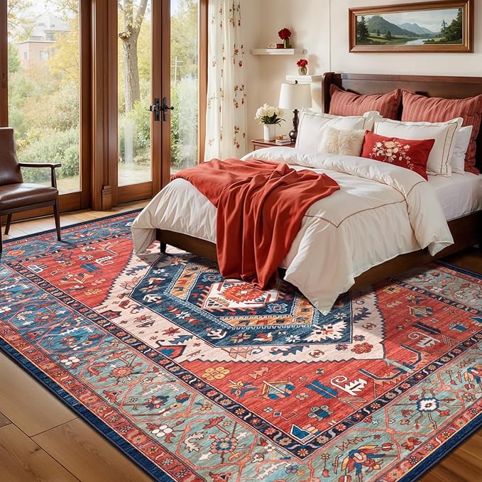 SERISSA 6x8 Area Rugs for Living Room, Large Washable Non-Slip Boho Rug, Ultra Soft Vintage Rust Oriental Tribal Print Distressed Carpet for Bedroom Dining Room Dorm Office Home Decor