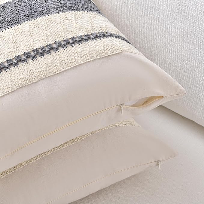 Fancy Homi Set of 1 Neutral Grey Farmhouse Decorative Throw Pillow Covers 20x20 Inch for Couch Bed Chair Indoors, Vintage Country Rustic Retro Room Decor, Soft Thick Cotton Handmade Woven Cushion Case