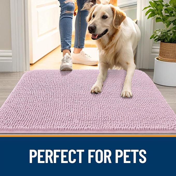 OLANLY Dog Door Mat for Muddy Paws 47x24, Absorbs Moisture and Dirt, Absorbent Non-Slip Washable Doormat, Quick Dry Chenille Mud Mat for Dogs, Entry Indoor Entryway Carpet for Inside Floor, Dusty Rose