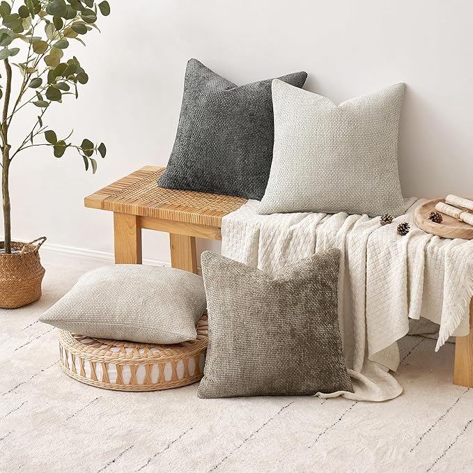 MIULEE Pack of 4 Couch Throw Pillow Covers 22x22 Inch Neutral Soft Decorative Chenille Pillow Covers Farmhouse Boho Accent Cushion Covers for Mid Century Modern Spring Decor Sofa Bedroom Living Room