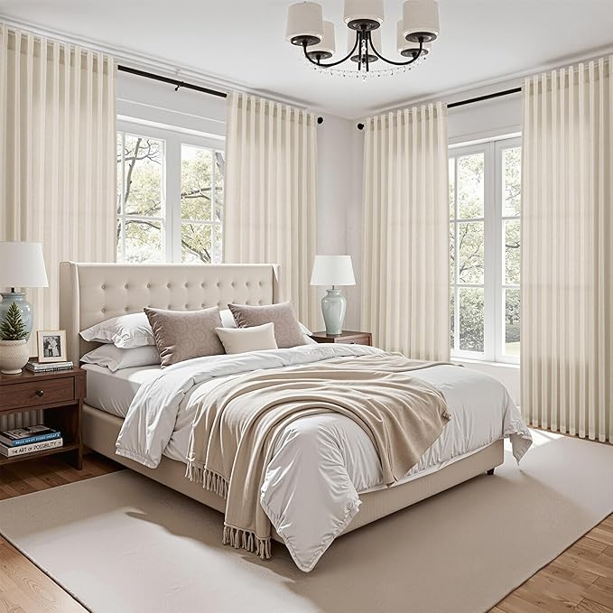 Nanspring Birch Beige Linen Curtains 84 Inches Long for Living Room Light Filtering Semi Sheer Curtain Back Tab Modern Farmhouse Decor Elegant Luxury Coastal Drapes for Bedroom Office 52x84,2 Panels
