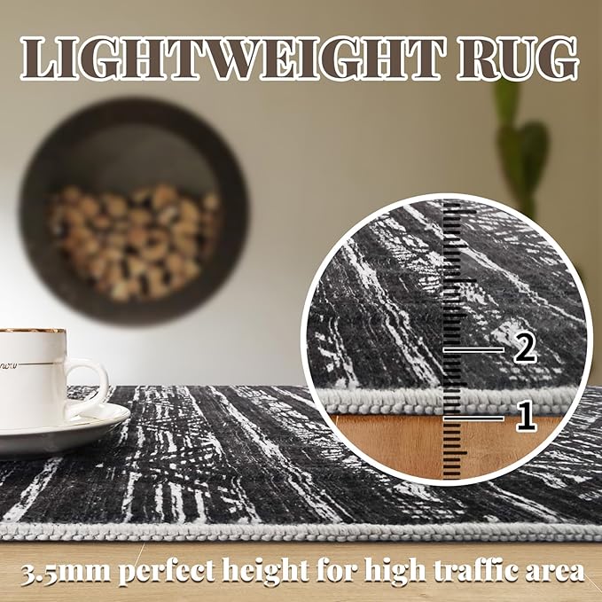 3x15 Washable Kitchen Runner Rug: Modern Moroccan Runners for Hallway Soft Non Slip Rugs with Rubber Backing Low Pile Thin Waterproof Floor Carpet for Entryway Bedroom Bathroom Indoor 3x15 Black