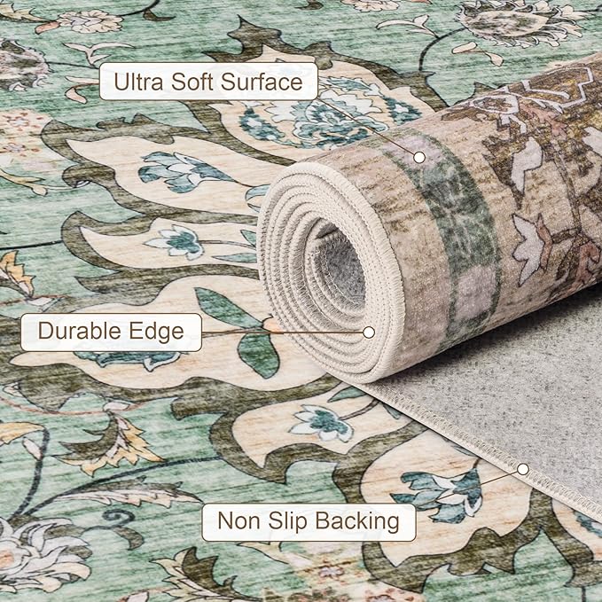 6x9 Area Rugs Living Room Rug: Washable Vintage Distressed Floral Rug No Slip Stain Resistant Soft Carpet Indoor Floor Large Carpets for Bedroom Dining Room Farmhouse Nursery Home Office Brown Green