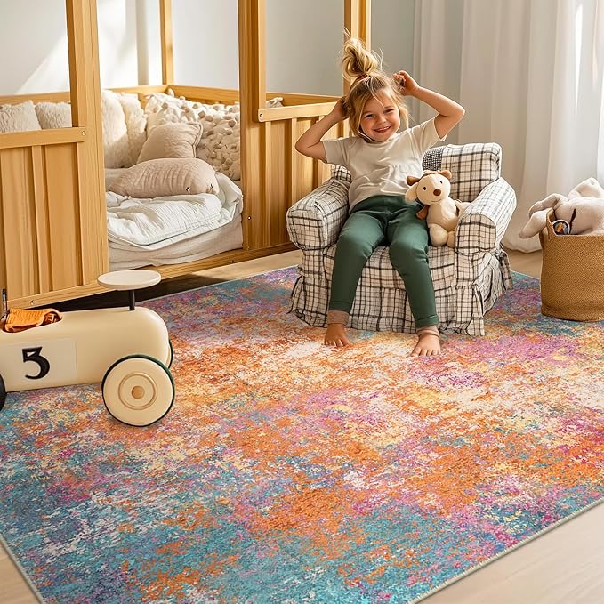 Washable Area Rugs 6'x9' Non-Slip Modern Abstract Soft for Living Room Entryway Bedroom Nursery, Print Pattern, Orange Blue Pink Yellow Colorful