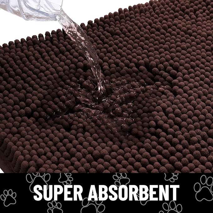 Smiry Dog Door Mat for Muddy Paws, Absorbent Dirt Trapper Non Slip Quick Dry Washable Chenille Mat for Mud Dogs, Entry Rug for Indoor and Outdoor (47x20 Inches, Brown and White)