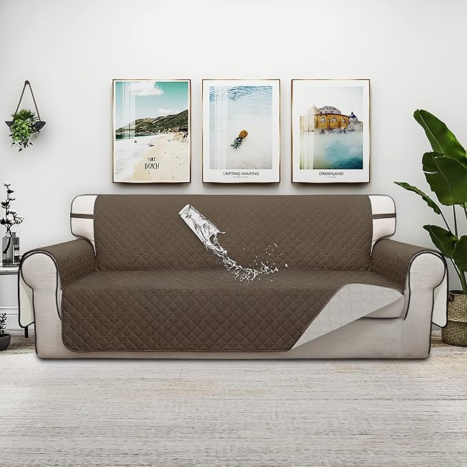 ISSUNTEX Double Protection 100% Waterproof Sofa Covers for Living Room, Couch Covers for 3 Cushion Couch Sofa, Reversible Furniture Protector Sofa Cover for Dogs, Pets, Kids (Sofa, Camel/Ivory)