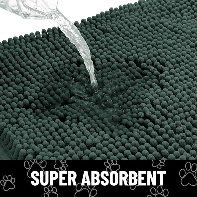 Smiry Dog Door Mat for Muddy Paws, Absorbent Dirt Trapper Non Slip Quick Dry Washable Chenille Mat for Mud Dogs, Entry Rug for Indoor and Outdoor (48x30 Inches, Green and White)
