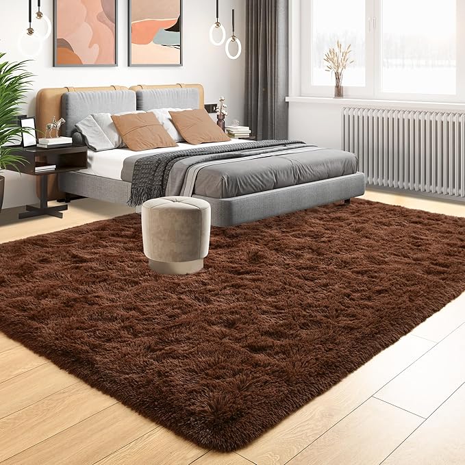 Tepook Super Soft Fluffy Rug for Bedroom, Modern Shaggy Fuzzy Kids Rugs for Living Room, Plush Indoor Nursery Home Decor Dorm Carpet with Non-Slip Bottom, Brown, 3 X 5 Feet