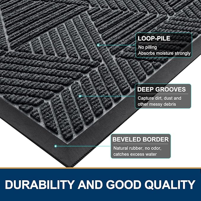 Smiry Front Door Mat Outside Entrance, Heavy Duty Sturdy Natural Rubber Doormat, Trap Dirt and Moisture, Easy Clean Low Profile Welcome Floor Mats for Indoor Outdoor Entry, 59x34 Inch, Grey