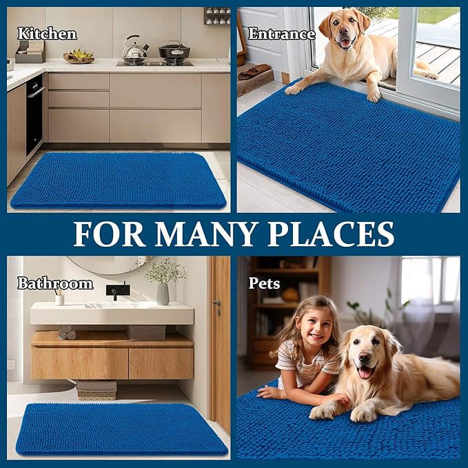 OLANLY Dog Door Mat for Muddy Paws 32x20, Absorbs Moisture and Dirt, Absorbent Non-Slip Washable Doormat, Quick Dry Chenille Mud Mat, Entry Indoor Entryway Carpet for Inside Floor, Deep Navy Blue